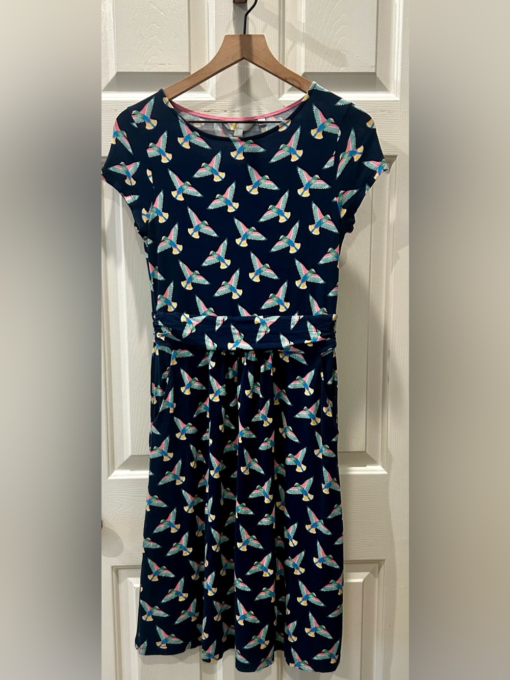 Boden Navy Dress with Pastel Bird Print